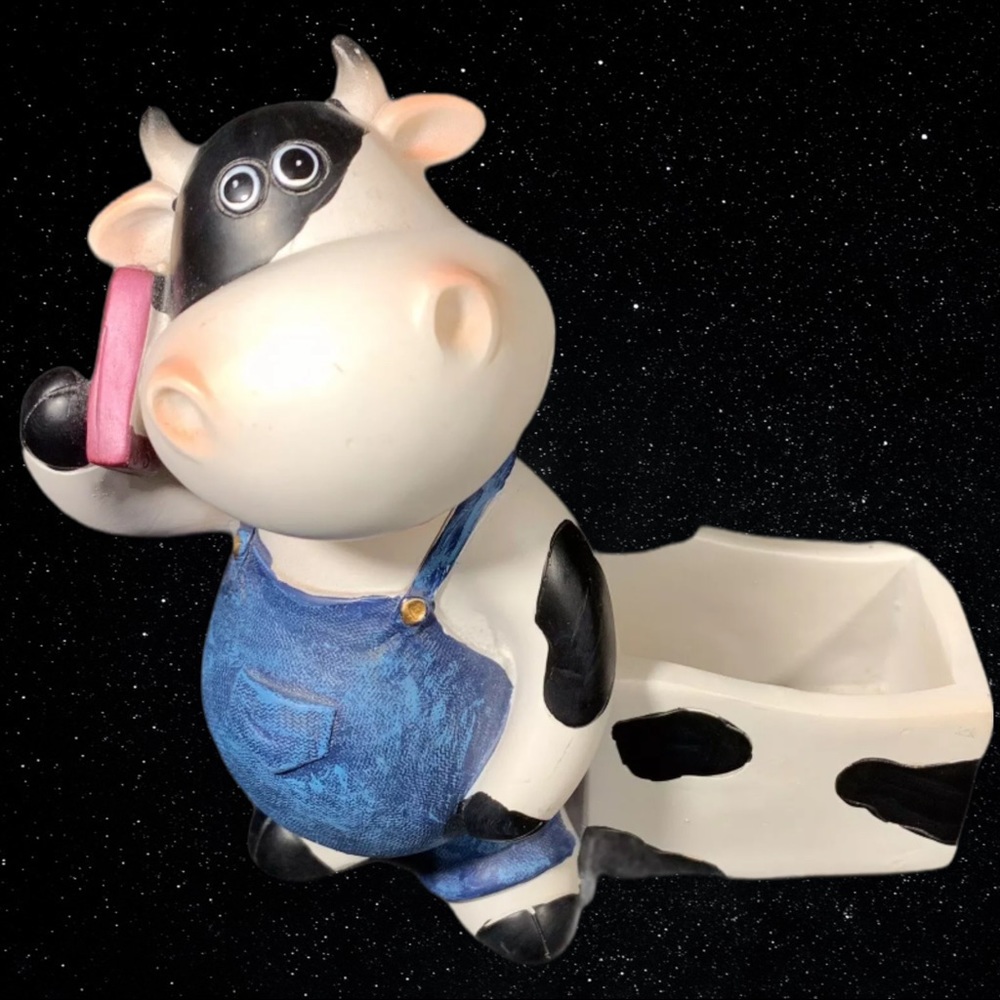 Vintage Spotted Cow Talking On Phone Toothpick Holder 4.5”T 4”W